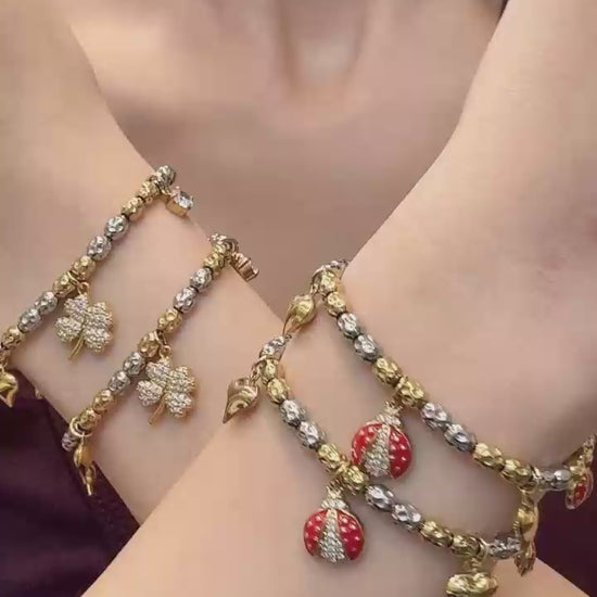 Heart ladybug multi charm beaded gold bracelet, 316L stainless steel playful colorful women daily stacking jewelry