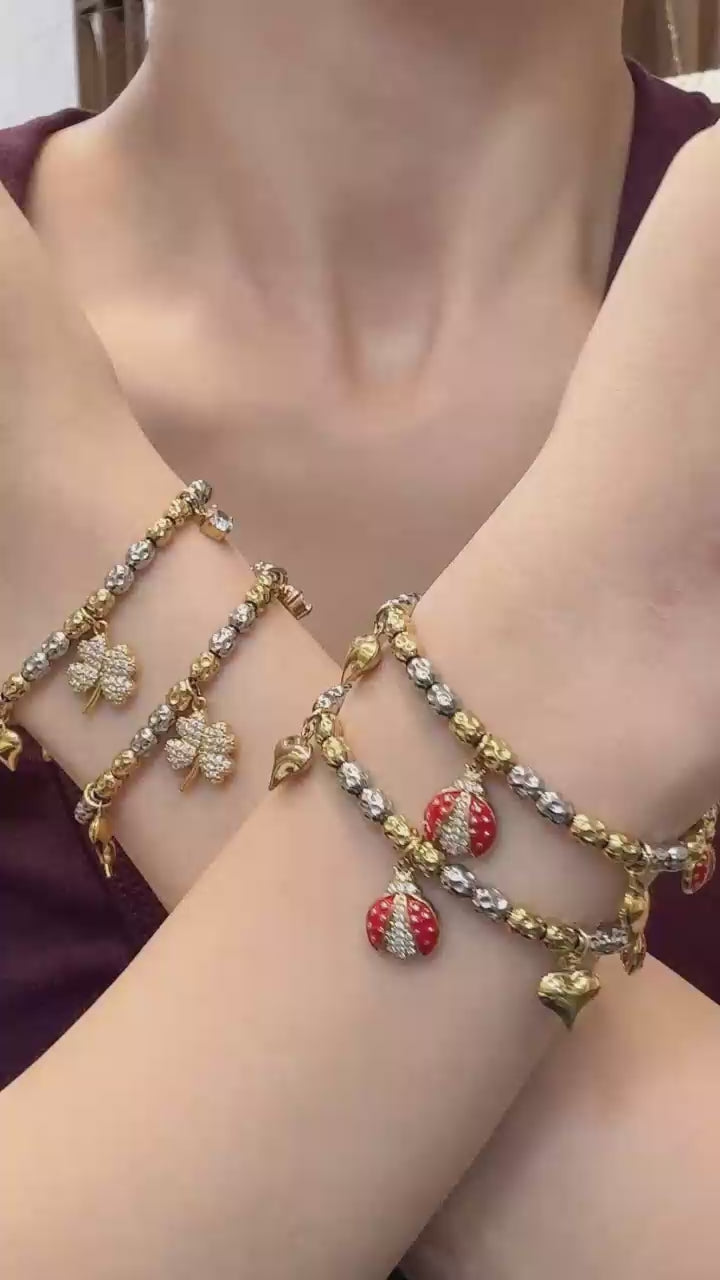 Heart ladybug multi charm beaded gold bracelet, 316L stainless steel playful colorful women daily stacking jewelry