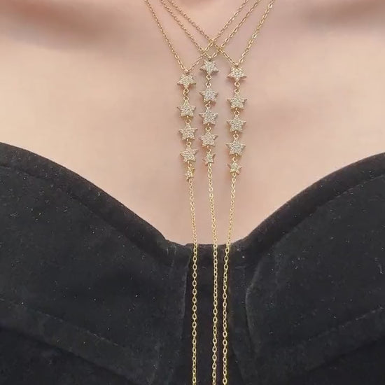 CZ Five-Star Y Lariat Necklace, 316L Stainless Steel with 18K PVD Gold Plated Cubic Zirconia Celestial Layered Drop Jewelry for Women Boutique Wholesale