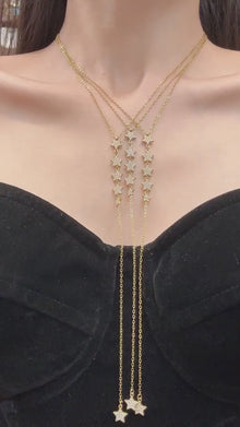 CZ Five-Star Y Lariat Necklace, 316L Stainless Steel with 18K PVD Gold Plated Cubic Zirconia Celestial Layered Drop Jewelry for Women Boutique Wholesale