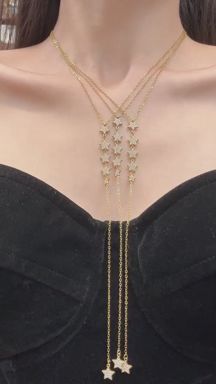 CZ Five-Star Y Lariat Necklace, 316L Stainless Steel with 18K PVD Gold Plated Cubic Zirconia Celestial Layered Drop Jewelry for Women Boutique Wholesale