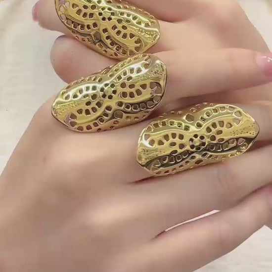 316L stainless steel 18K PVD gold hollow openwork textured sculptural statement ring, bold oversized waterproof women fashion jewelry wholesale