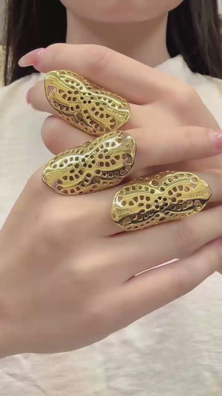 316L stainless steel 18K PVD gold hollow openwork textured sculptural statement ring, bold oversized waterproof women fashion jewelry wholesale