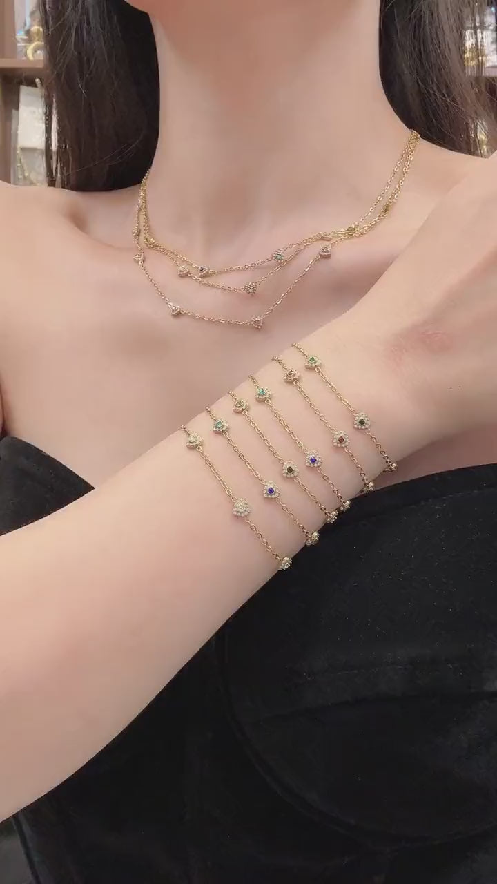 316L Stainless Steel Colorful Pave CZ Heart Necklace & Bracelet Set, 18K PVD Gold Plated Multi Color Cubic Zirconia Matching Jewelry Collection for Boutique Wholesale