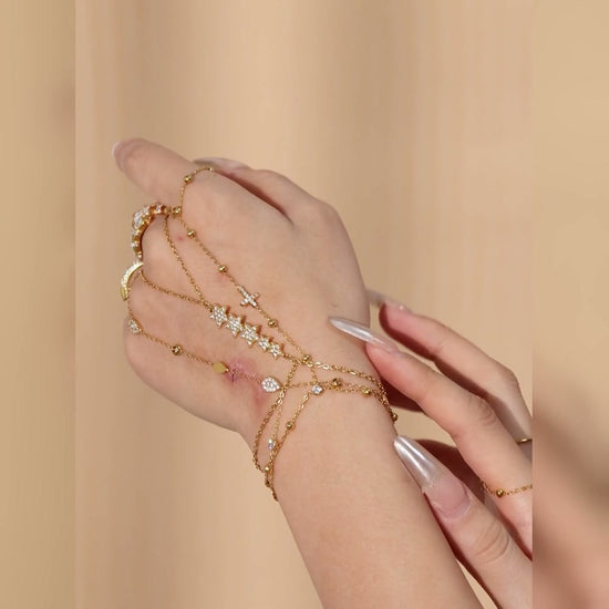 Gold 316L stainless steel hand chain bracelet with pearl and 5A zircon, wrist to finger ring connected harness hand jewelry for women resort party styling