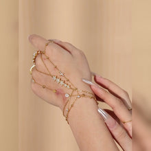 Gold 316L stainless steel hand chain bracelet with pearl and 5A zircon, wrist to finger ring connected harness hand jewelry for women resort party styling