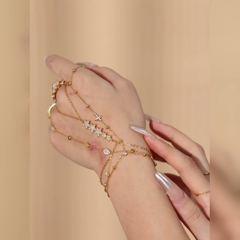 Gold 316L stainless steel hand chain bracelet with pearl and 5A zircon, wrist to finger ring connected harness hand jewelry for women resort party styling
