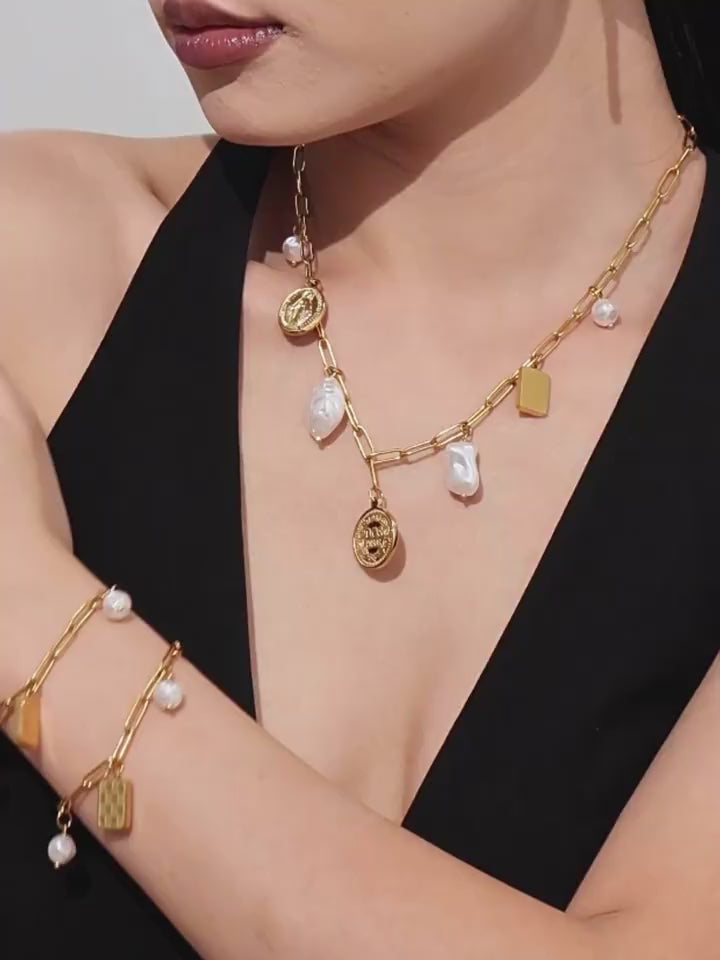 Video cover showing model wearing gold paperclip link DIY charm necklace and bracelet set in 316L stainless steel layered fashion jewelry by Miduoduo Jewelry