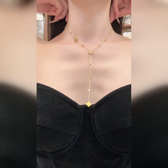 Wholesale gold-tone stainless steel clover Y lariat necklace on model