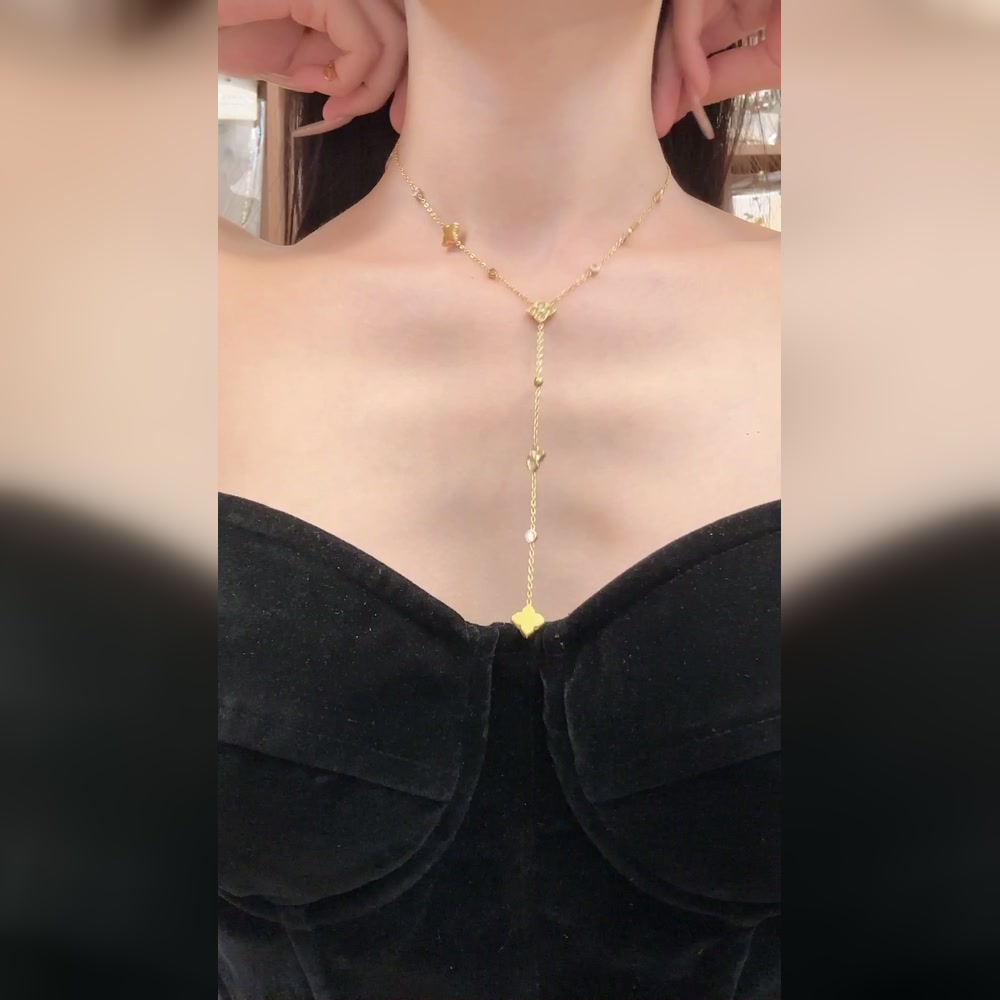 Wholesale gold-tone stainless steel clover Y lariat necklace on model