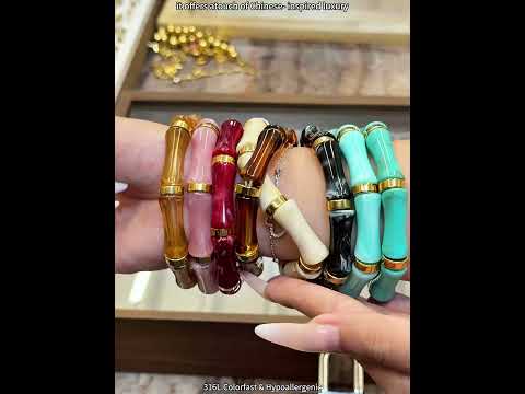 Colorful enamel bamboo-style stainless steel bangle with 18K gold plating, waterproof and hypoallergenic for everyday wear