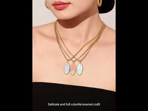 Model wearing 18K PVD gold droplet flower pendant necklace made from 316L stainless steel, showing colorful pendant details for wholesale jewelry buyers