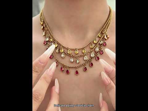 Rainbow crystal teardrop necklace video showing colorful CZ charms on waterproof gold stainless steel chain