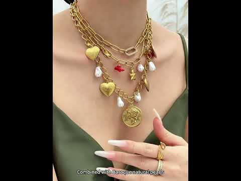 Gold heart charm necklace and bracelet set with pearl and coin charms in waterproof stainless steel