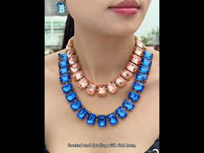 Statement crystal necklace with matching bracelet and earrings in 18K gold plated stainless steel