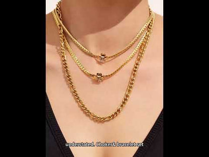 18K Gold Plated Floral Zircon Jewelry Set - Waterproof Stainless Steel Necklace & Bracelet for Women, Wholesale Jewelry