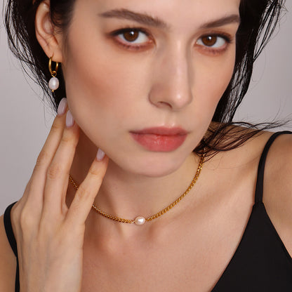 316L Stainless Steel 18K Gold Plated Minimalist Single Pearl Chain Necklace & Earring Set - Image 10