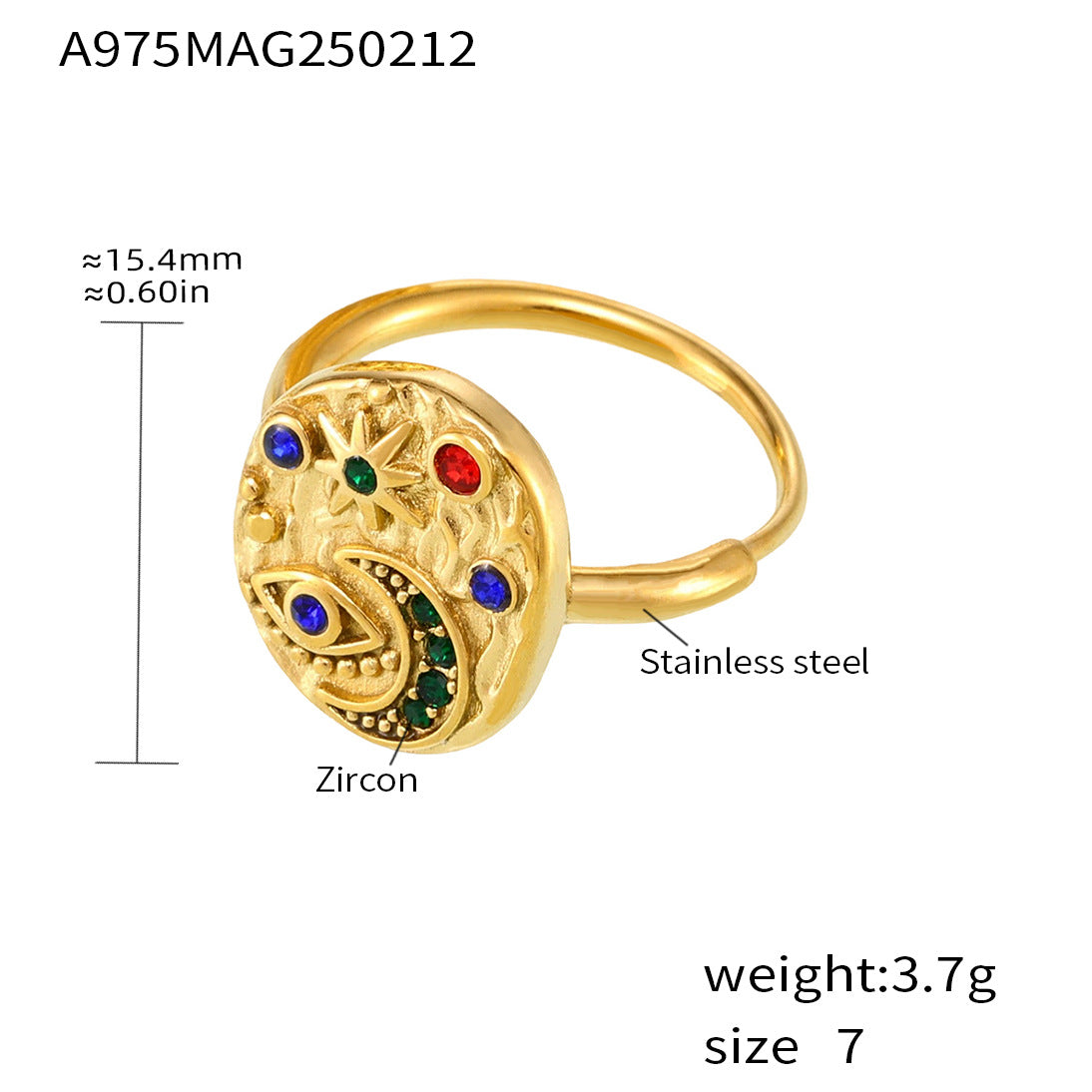 316L Stainless Steel Light Luxury 5A Zircon Star Moon Evil Eye Ring - Image 10