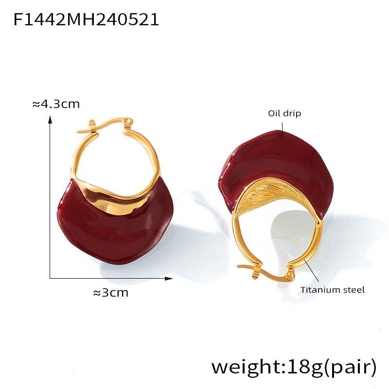 316L Stainless Steel 18K Gold Plated Geometric Red Enamel Drop Earrings - Image 11