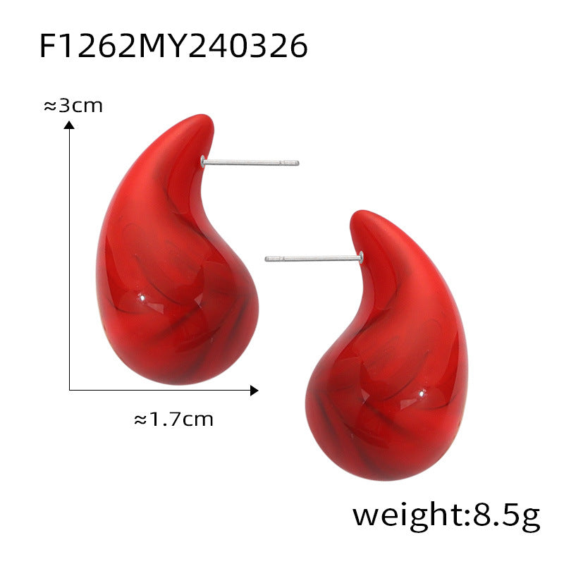 316L Stainless Steel 18K Gold Plated Geometric Red Enamel Drop Earrings - Image 12