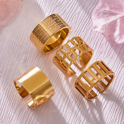 316L Stainless Steel 18K Gold Plated Wide Openwork Adjustable Ring Set - Image 13