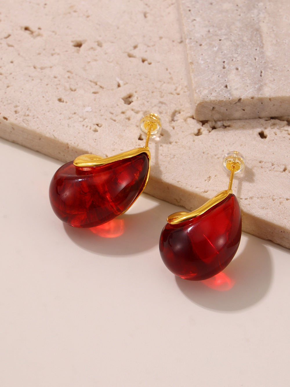 316L Stainless Steel 18K Gold Plated Geometric Red Enamel Drop Earrings - Image 13