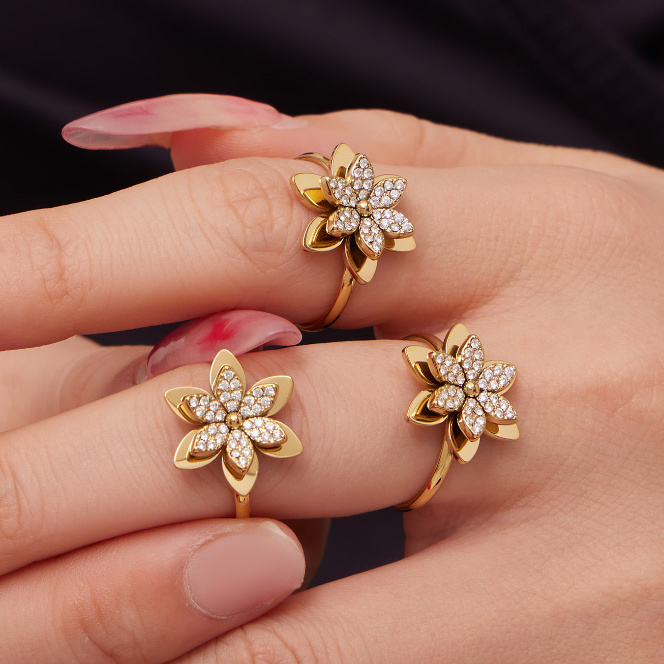 316L Stainless Steel Zircon Inlaid Six-Petal Flower Jewelry Collection - Image 13