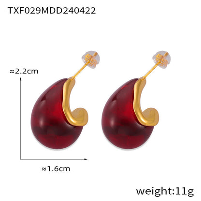 316L Stainless Steel 18K Gold Plated Geometric Red Enamel Drop Earrings - Image 14