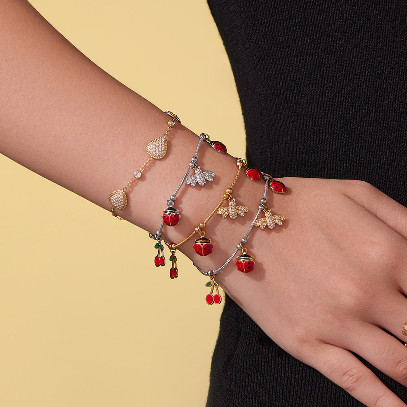 Lifestyle shot of waterproof zircon waterdrop charm bracelet, 316L stainless steel jewelry