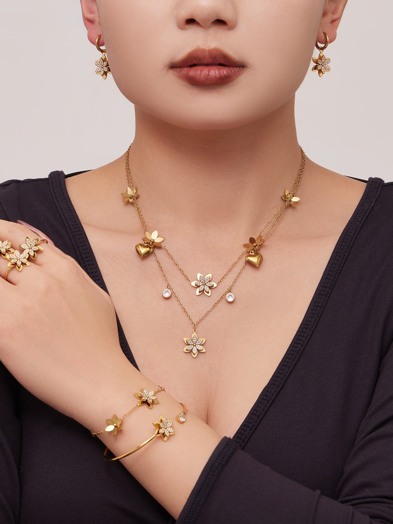316L Stainless Steel Zircon Inlaid Six-Petal Flower Jewelry Collection - Image 15