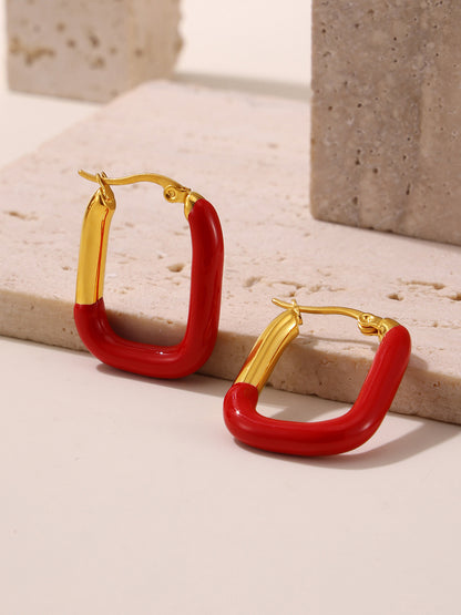 316L Stainless Steel 18K Gold Plated Geometric Red Enamel Drop Earrings - Image 15