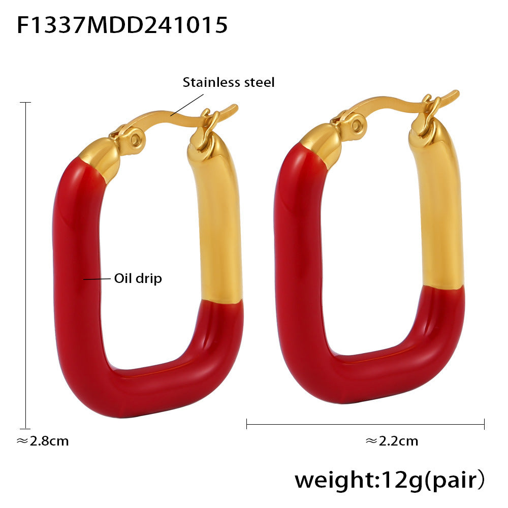 316L Stainless Steel 18K Gold Plated Geometric Red Enamel Drop Earrings - Image 16