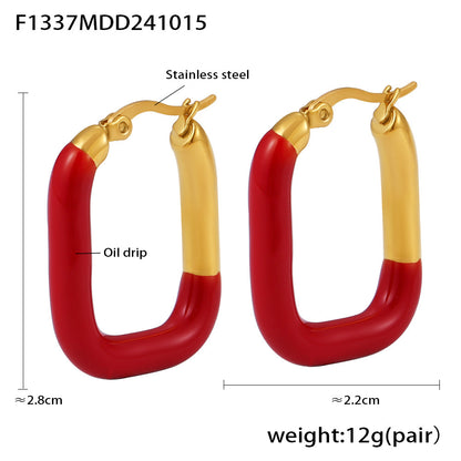316L Stainless Steel 18K Gold Plated Geometric Red Enamel Drop Earrings - Image 16