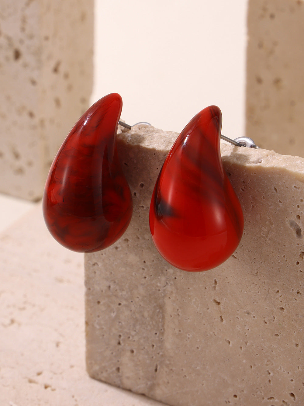 316L Stainless Steel 18K Gold Plated Geometric Red Enamel Drop Earrings - Image 17
