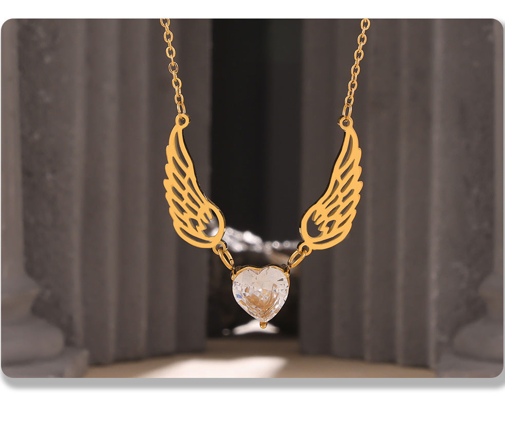316L Stainless Steel Elegant Heart Zircon Angel Wings Versatile Necklace - Image 1
