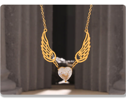 316L Stainless Steel Elegant Heart Zircon Angel Wings Versatile Necklace - Image 1