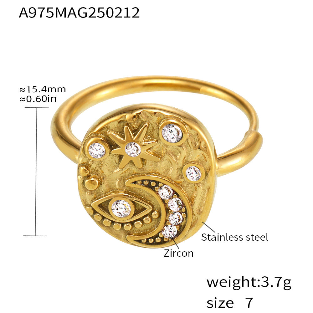 316L Stainless Steel Light Luxury 5A Zircon Star Moon Evil Eye Ring - Image 1