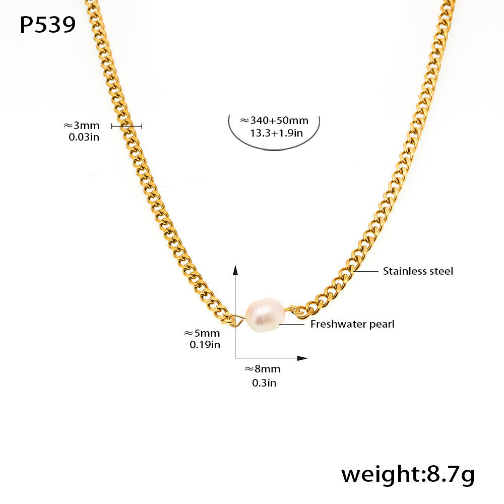 316L Stainless Steel 18K Gold Plated Minimalist Single Pearl Chain Necklace & Earring Set - Image 2