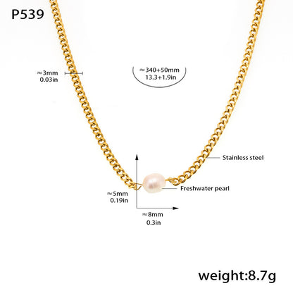 316L Stainless Steel 18K Gold Plated Minimalist Single Pearl Chain Necklace & Earring Set - Image 2