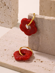 316L stainless steel 18K Gold Plated Geometric Red Enamel Drop Earrings modeled styling view for wholesale earrings buyers