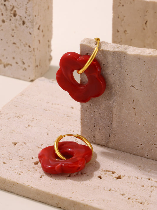 316L Stainless Steel 18K Gold Plated Geometric Red Enamel Drop Earrings - Image 2