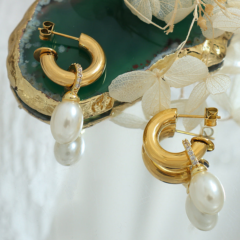 316L Stainless Steel Baroque Imitation Pearl C-Shape Stud Earrings - Image 2