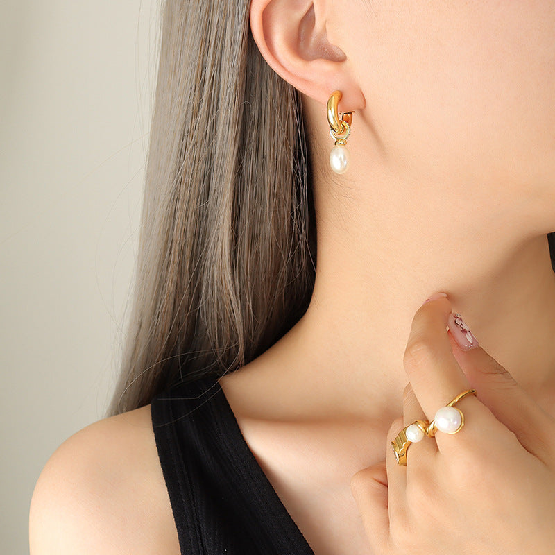 316L Stainless Steel Baroque Imitation Pearl C-Shape Stud Earrings - Image 3