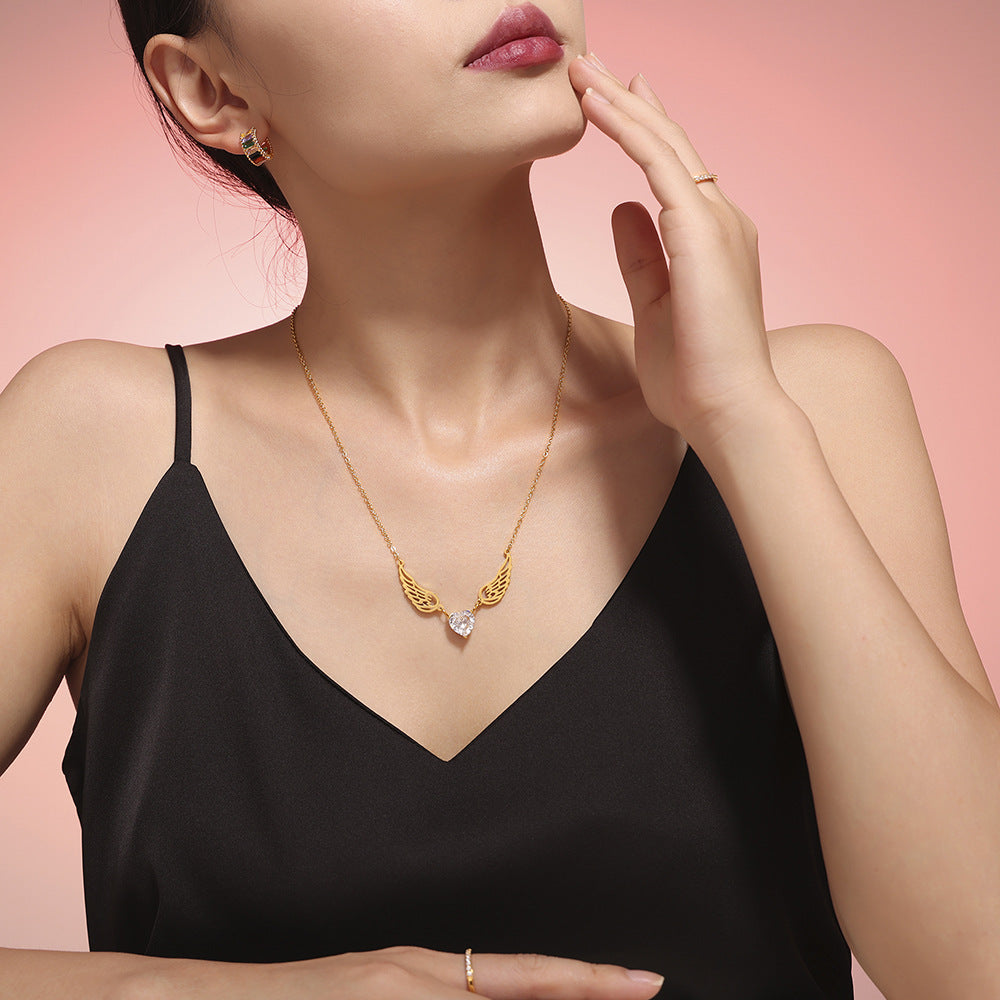316L Stainless Steel Elegant Heart Zircon Angel Wings Versatile Necklace - Image 3