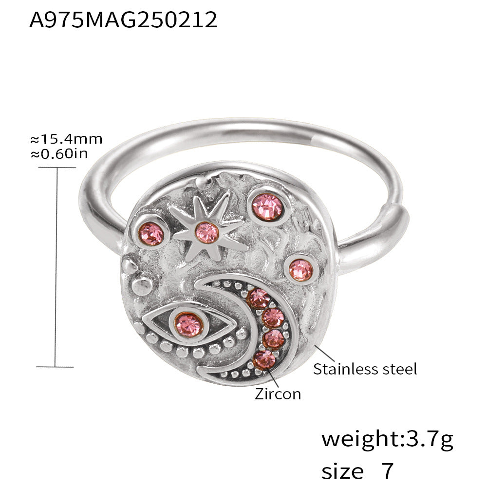 316L Stainless Steel Light Luxury 5A Zircon Star Moon Evil Eye Ring - Image 3