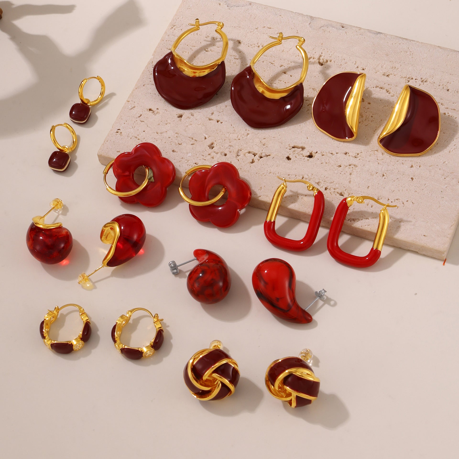 316L Stainless Steel 18K Gold Plated Geometric Red Enamel Drop Earrings - Image 3