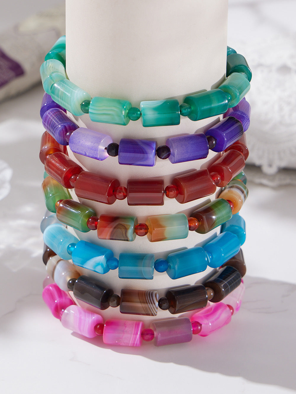Close-up of 316L Stainless Steel multi-color natural stone stretch bracelet, gradient beads