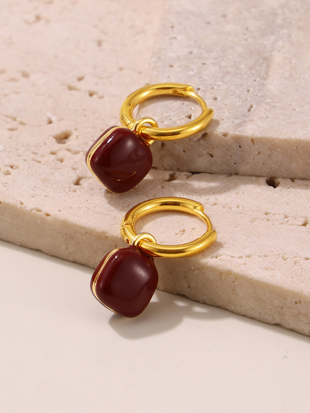 316L Stainless Steel 18K Gold Plated Geometric Red Enamel Drop Earrings - Image 4