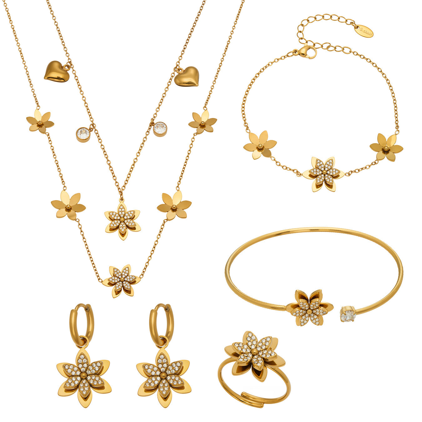 316L Stainless Steel Zircon Inlaid Six-Petal Flower Jewelry Collection - Image 4