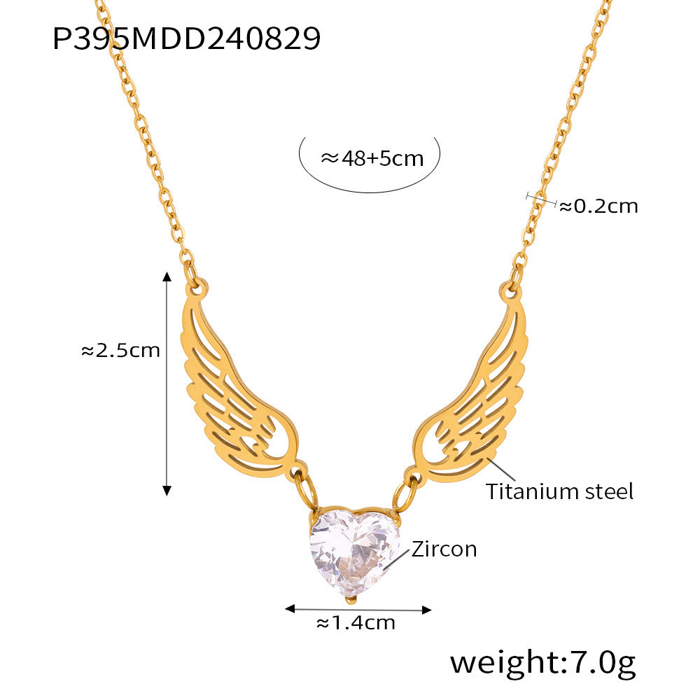 316L Stainless Steel Elegant Heart Zircon Angel Wings Versatile Necklace - Image 4